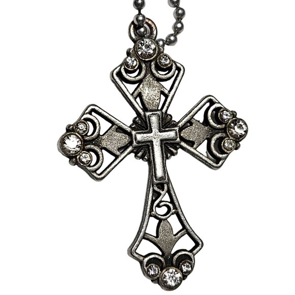 Gothic Filigree Cross Rhinestone Silver Pendant Necklace Religious Jewelry Women - Picture 3 of 7